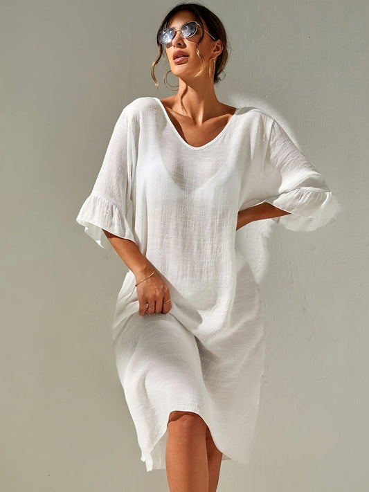 Slit V-Neck Flounce Sleeve Cover-Up-TOPS / DRESSES-[Adult]-[Female]-White-S-2022 Online Blue Zone Planet