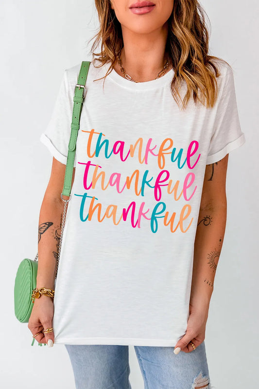 Full Size THANKFUL Round Neck Short Sleeve T-Shirt-TOPS / DRESSES-[Adult]-[Female]-White-S-2022 Online Blue Zone Planet