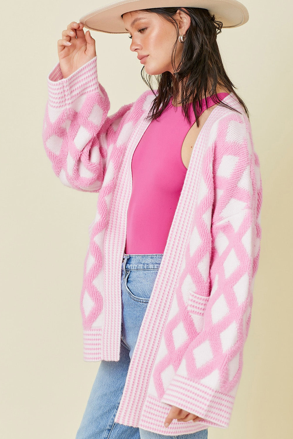 Blue Zone Planet |  Pink Rhombus Pattern Knit Open Front Pocketed Cardigans