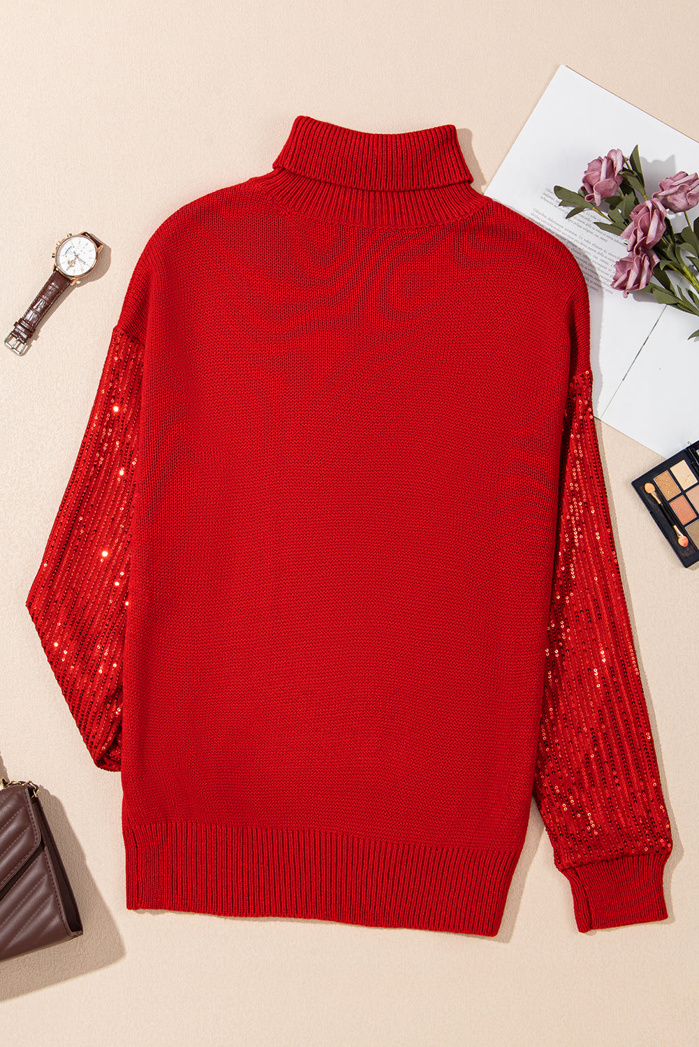 Blue Zone Planet | Racing Red Merry Graphic Sequin Sleeves Christmas Turtleneck Sweater-Sweaters & Cardigans/Sweaters-[Adult]-[Female]-2022 Online Blue Zone Planet