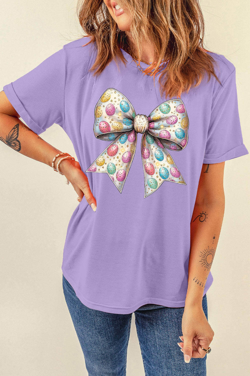 Wisteria Celebrative Easter Eggs Bow Print Casual T Shirt-Graphic/Graphic Tees-[Adult]-[Female]-2022 Online Blue Zone Planet