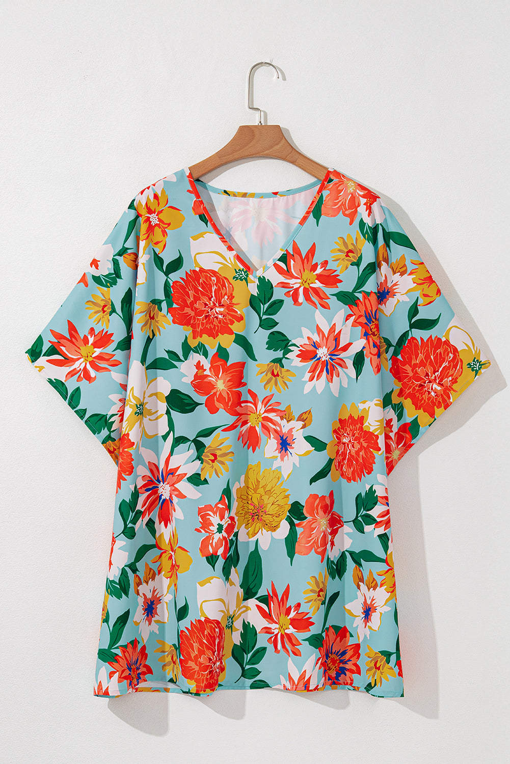 Sky Blue Plus Size Floral Print V Neck Batwing Sleeve Blouse-Plus Size/Plus Size Tops/Plus Size Blouses & Shirts-[Adult]-[Female]-2022 Online Blue Zone Planet