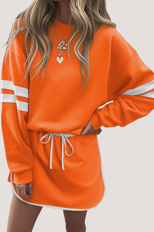 Orange Varsity Stripe Detail Drop Shoulder Pullover Mini Skirt Set-Two Piece Sets/Two Piece Dresses-[Adult]-[Female]-Orange-S-2022 Online Blue Zone Planet