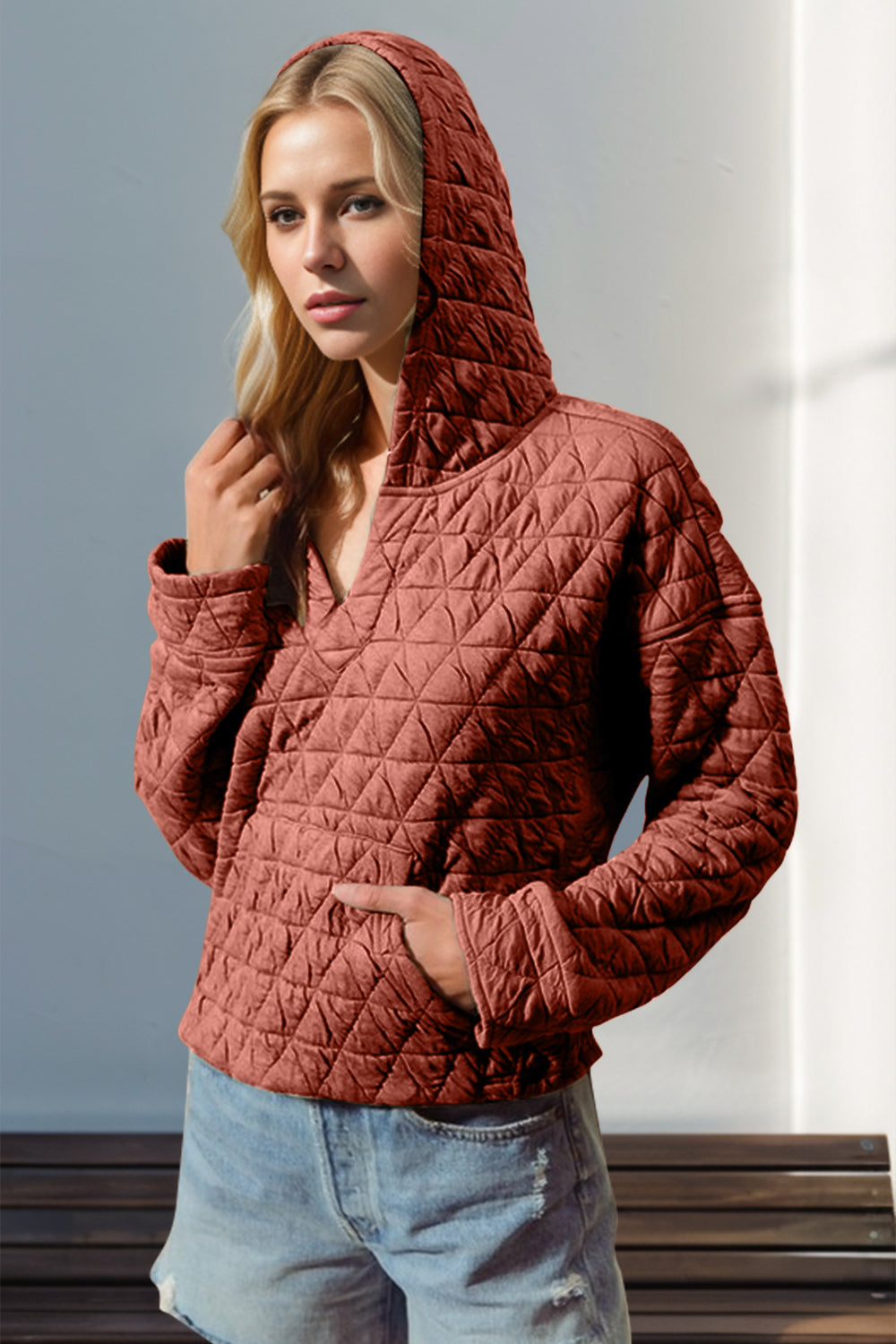 Double Take Quilted Long Sleeve Hoodie with Pocket-TOPS / DRESSES-[Adult]-[Female]-Orange-Red-S-2022 Online Blue Zone Planet