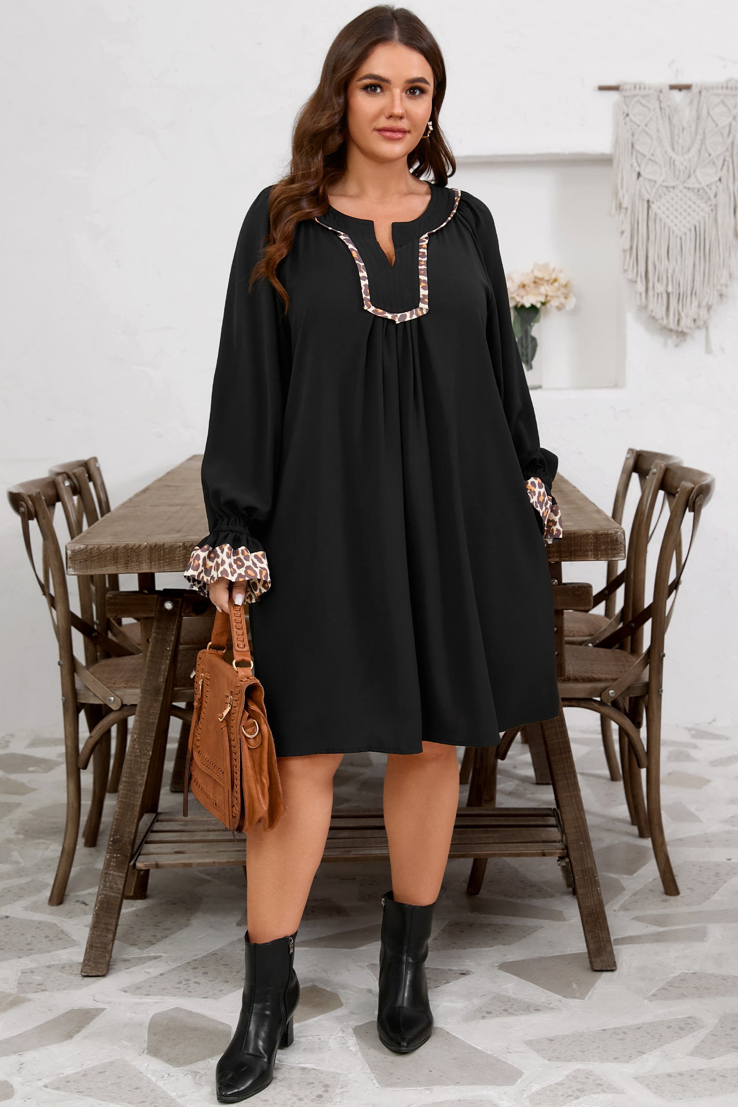 Black Plus Size Notched Neck Leopard Trim Flounce Long Sleeve Shift Dress-TOPS / DRESSES-[Adult]-[Female]-2022 Online Blue Zone Planet
