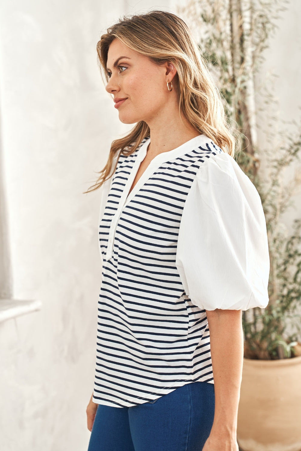 Hailey & Co Striped Contrast Puff Sleeve Top-TOPS / DRESSES-[Adult]-[Female]-2022 Online Blue Zone Planet