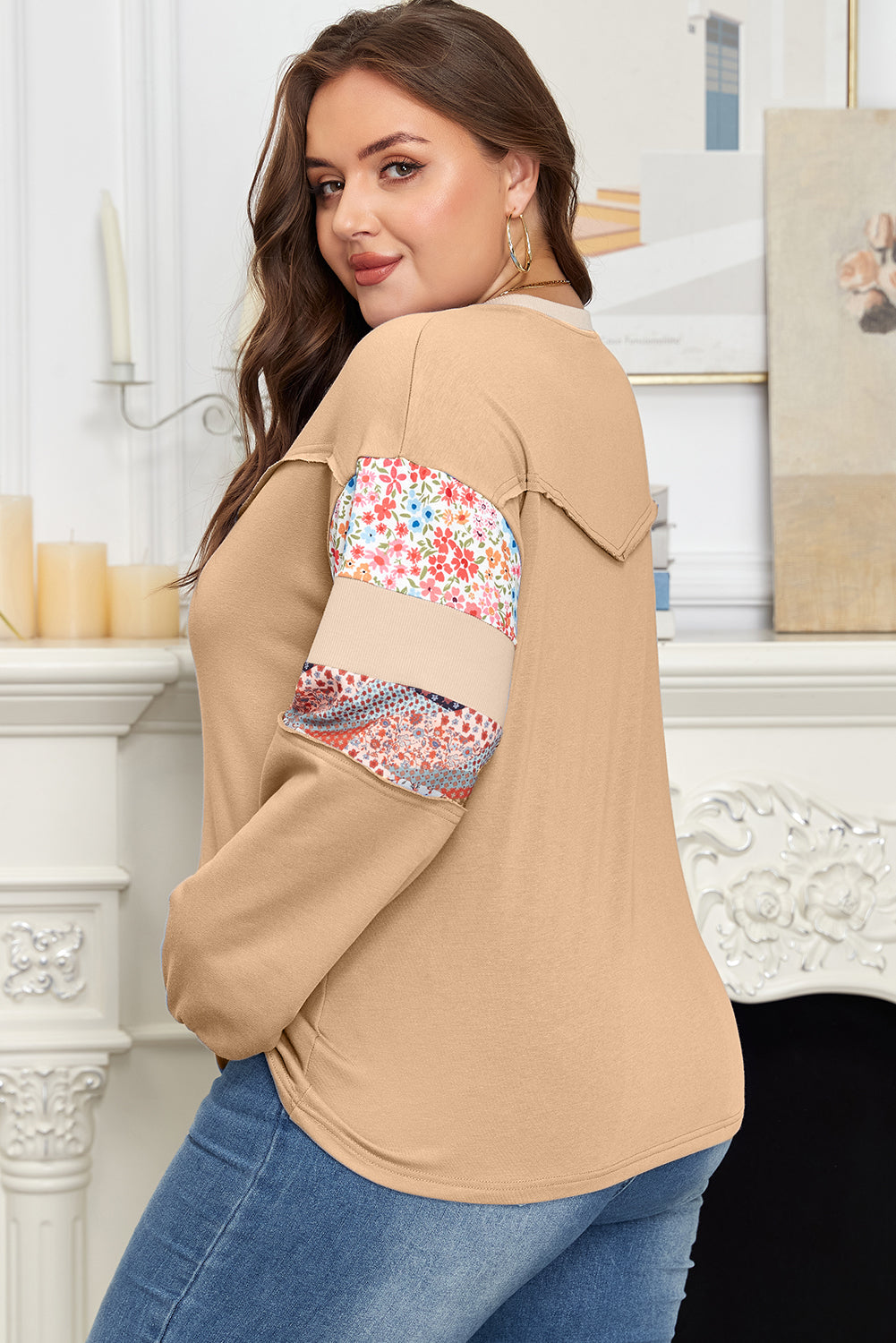 Khaki Exposed Seam Floral Mixed Patchwork Relaxed Plus Size Top-Plus Size/Plus Size Sweatshirts & Hoodies-[Adult]-[Female]-2022 Online Blue Zone Planet