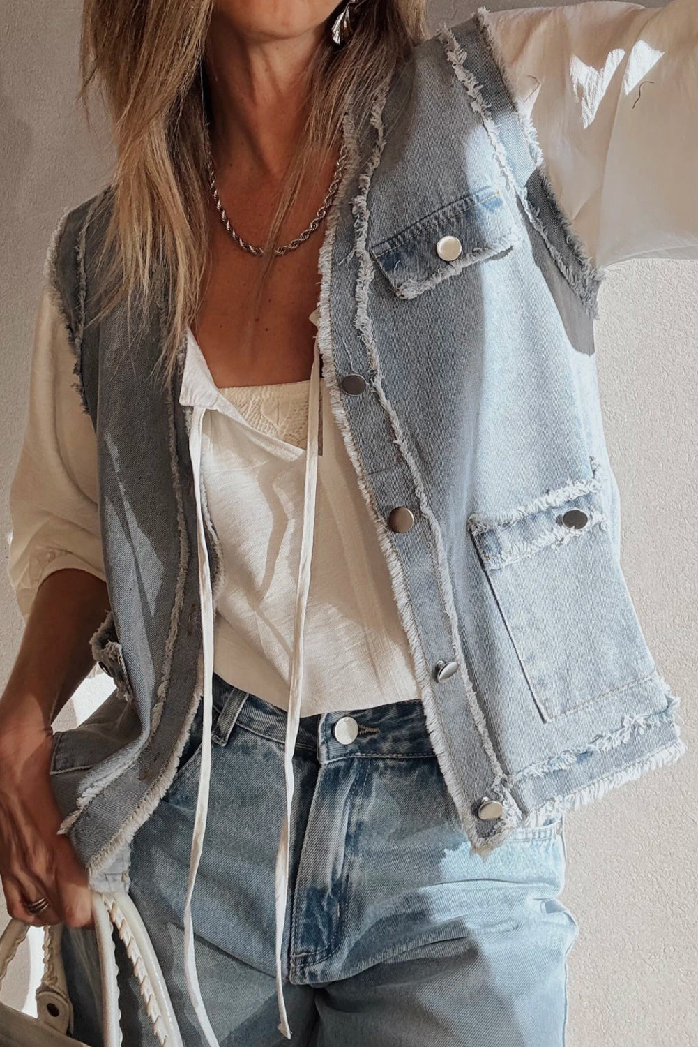 Beau Blue Frayed Edge Flap Pockets Denim Vest Jacket-Outerwear/Vests-[Adult]-[Female]-2022 Online Blue Zone Planet