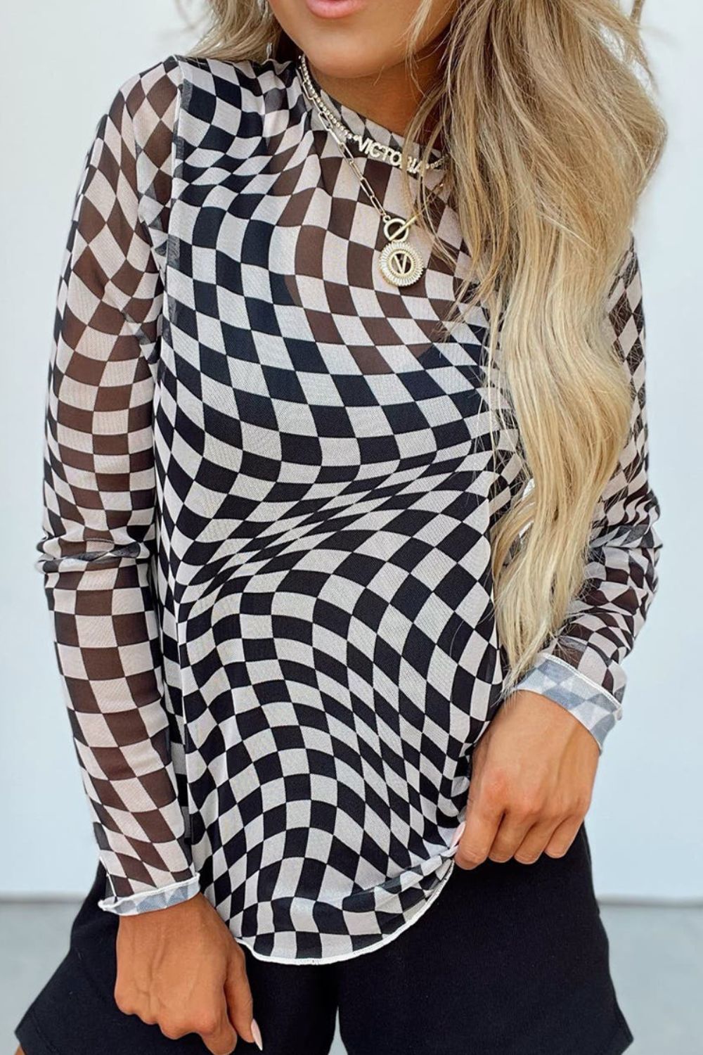 Checkered Mock Neck Long Sleeve Blouse-TOPS / DRESSES-[Adult]-[Female]-2022 Online Blue Zone Planet