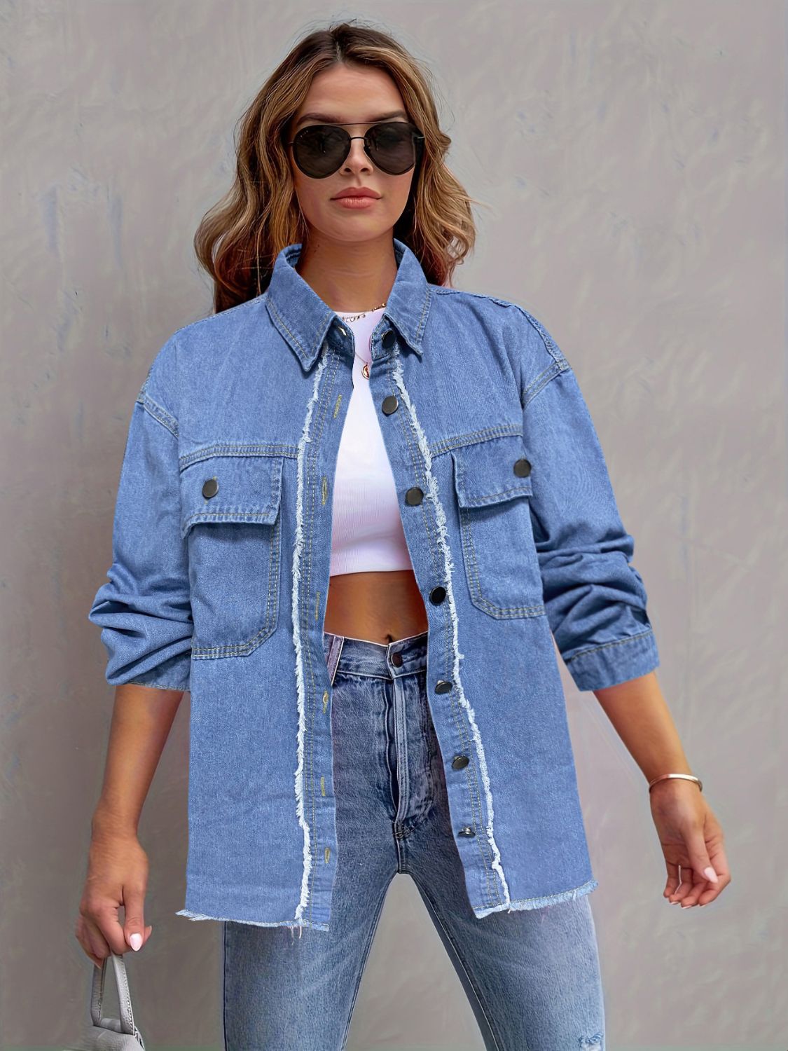 Pocketed Collared Neck Long Sleeve Denim Shirt-TOPS / DRESSES-[Adult]-[Female]-Light-S-2022 Online Blue Zone Planet