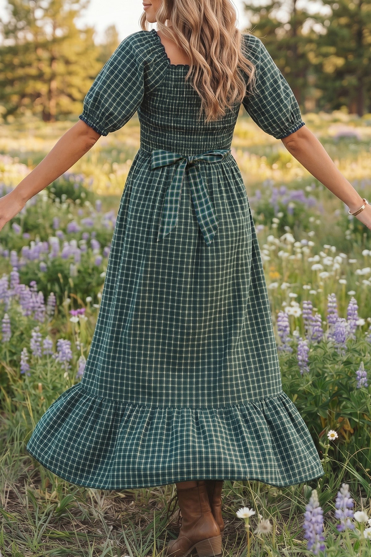 Green Plaid Square Neck Shirred High Waist Ruffle Hem Dress-TOPS / DRESSES-[Adult]-[Female]-2022 Online Blue Zone Planet