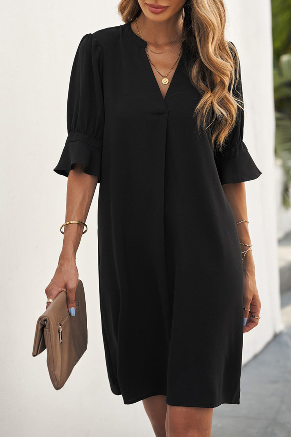 Black Ruffled Sleeve Shift Dress Blue Zone Planet