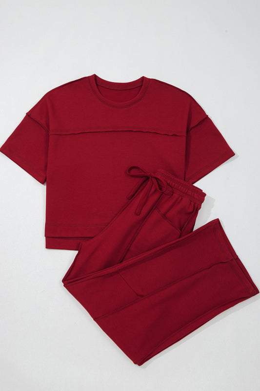 Racing Red Drop Shoulder Boxy Tee and Barrel Pants Set-Two Piece Sets/Pant Sets-[Adult]-[Female]-2022 Online Blue Zone Planet