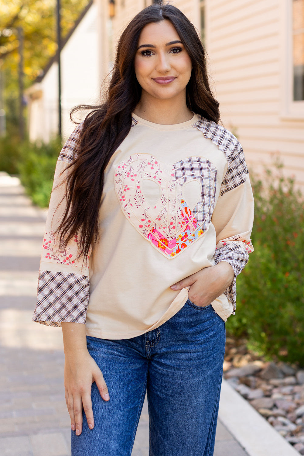 Beige Plaid Floral Peace Heart Graphic Wide Long Sleeve Top-Tops/Long Sleeve Tops-[Adult]-[Female]-Beige-S-2022 Online Blue Zone Planet