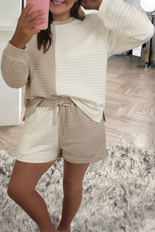 Khaki Color Block Patchwork Textured Long Sleeve Top 2pcs Short Set-Two Piece Sets/Short Sets-[Adult]-[Female]-Khaki-S-2022 Online Blue Zone Planet