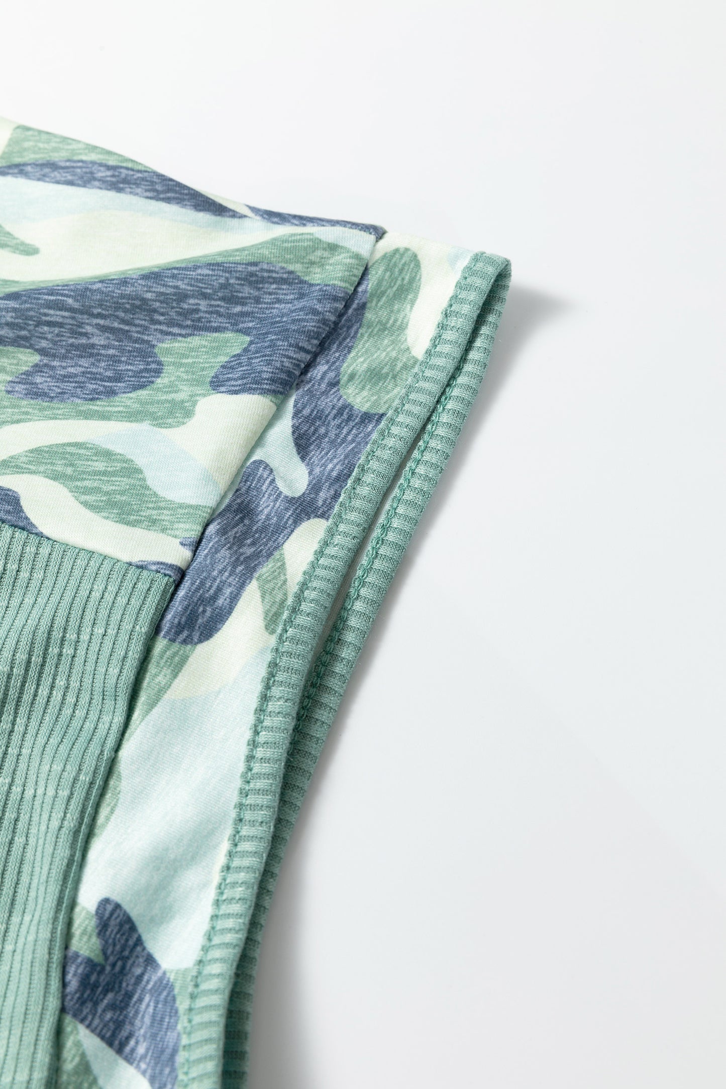 Mist Green Ribbed Camouflage Patchwork Plus Size V Neck Tee-Plus Size/Plus Size Tops/Plus Size Tops & Tees-[Adult]-[Female]-2022 Online Blue Zone Planet