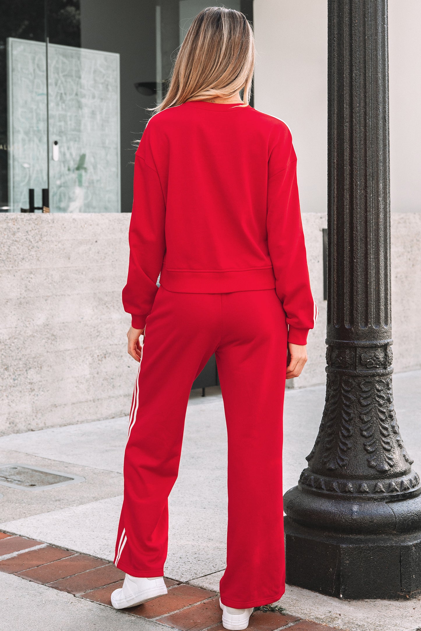 Fiery Red Varsity Striped Detail Crewneck Pullover Elastic Sweatpants 2pcs Outfit-Two Piece Sets/Pant Sets-[Adult]-[Female]-2022 Online Blue Zone Planet
