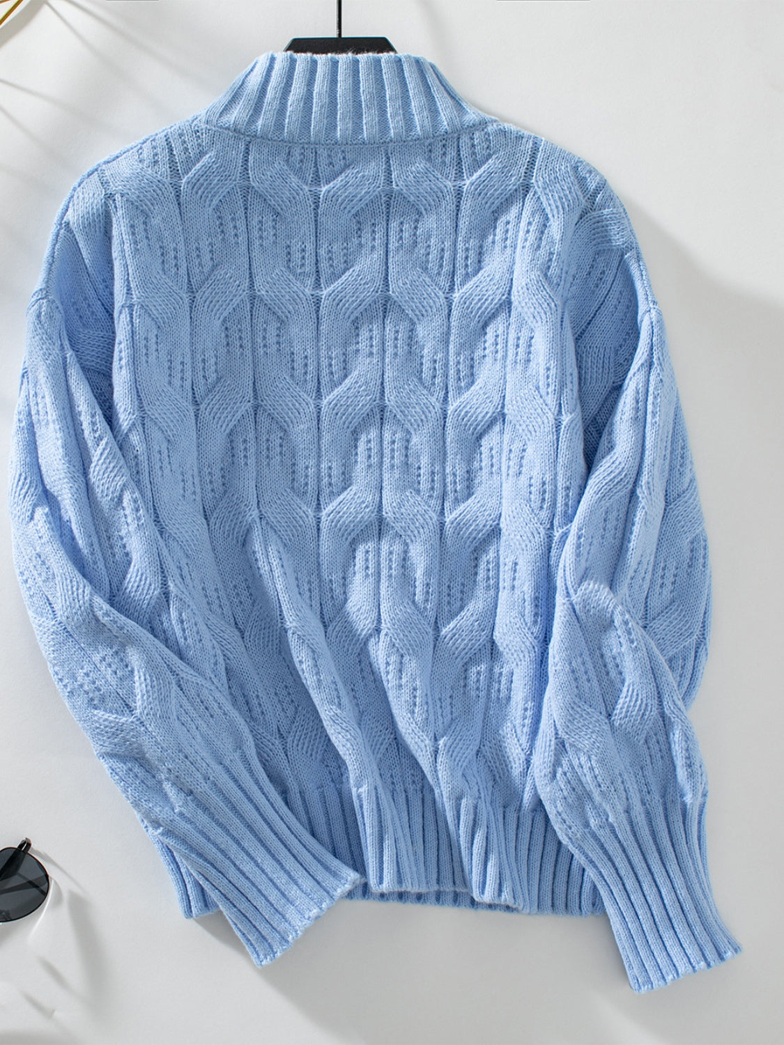 Blue Zone Planet | Cable Knit Mock Neck Long Sleeve Sweater-TOPS / DRESSES-[Adult]-[Female]-Light Blue-S-2022 Online Blue Zone Planet