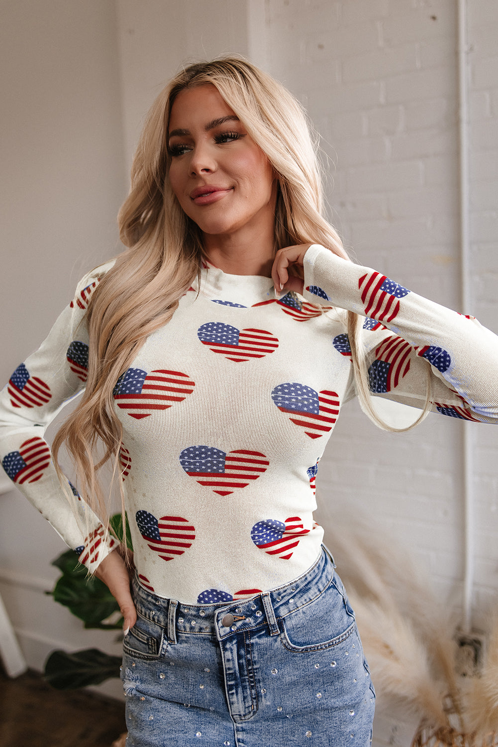 White Americana Glitter Mesh Long Sleeve Bodysuit-Tops/Bodysuits-[Adult]-[Female]-2022 Online Blue Zone Planet