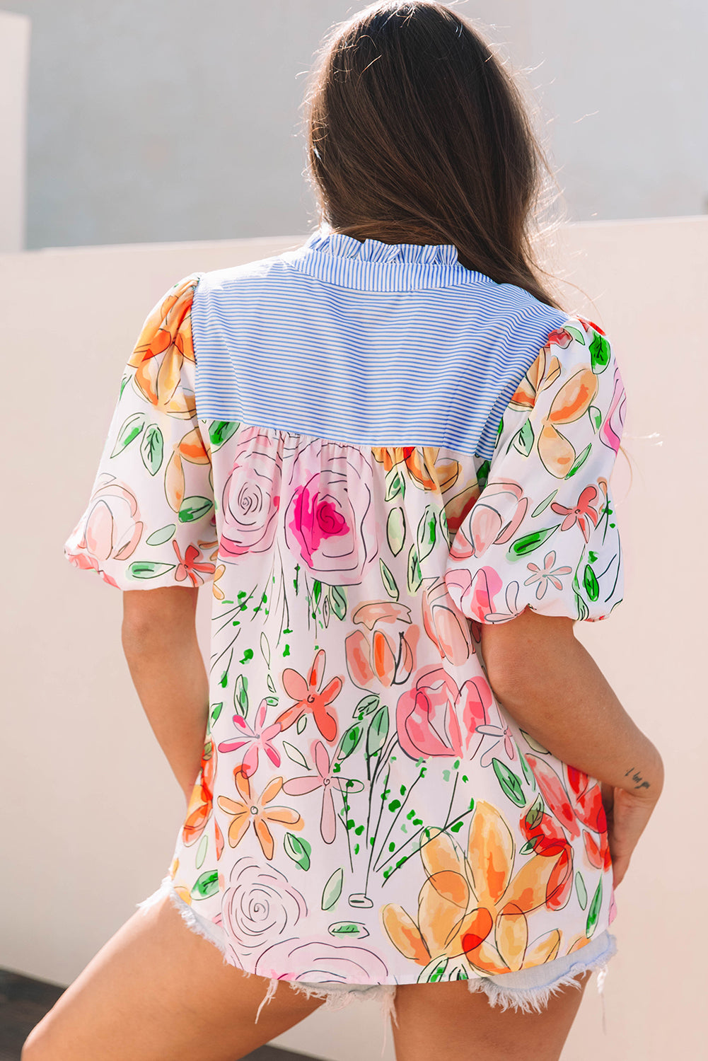 Blue Zone Planet | Multicolour Floral Print Striped Yoke Frilled V Neck Puff Short Sleeve Blouse-Tops/Blouses & Shirts-[Adult]-[Female]-2022 Online Blue Zone Planet