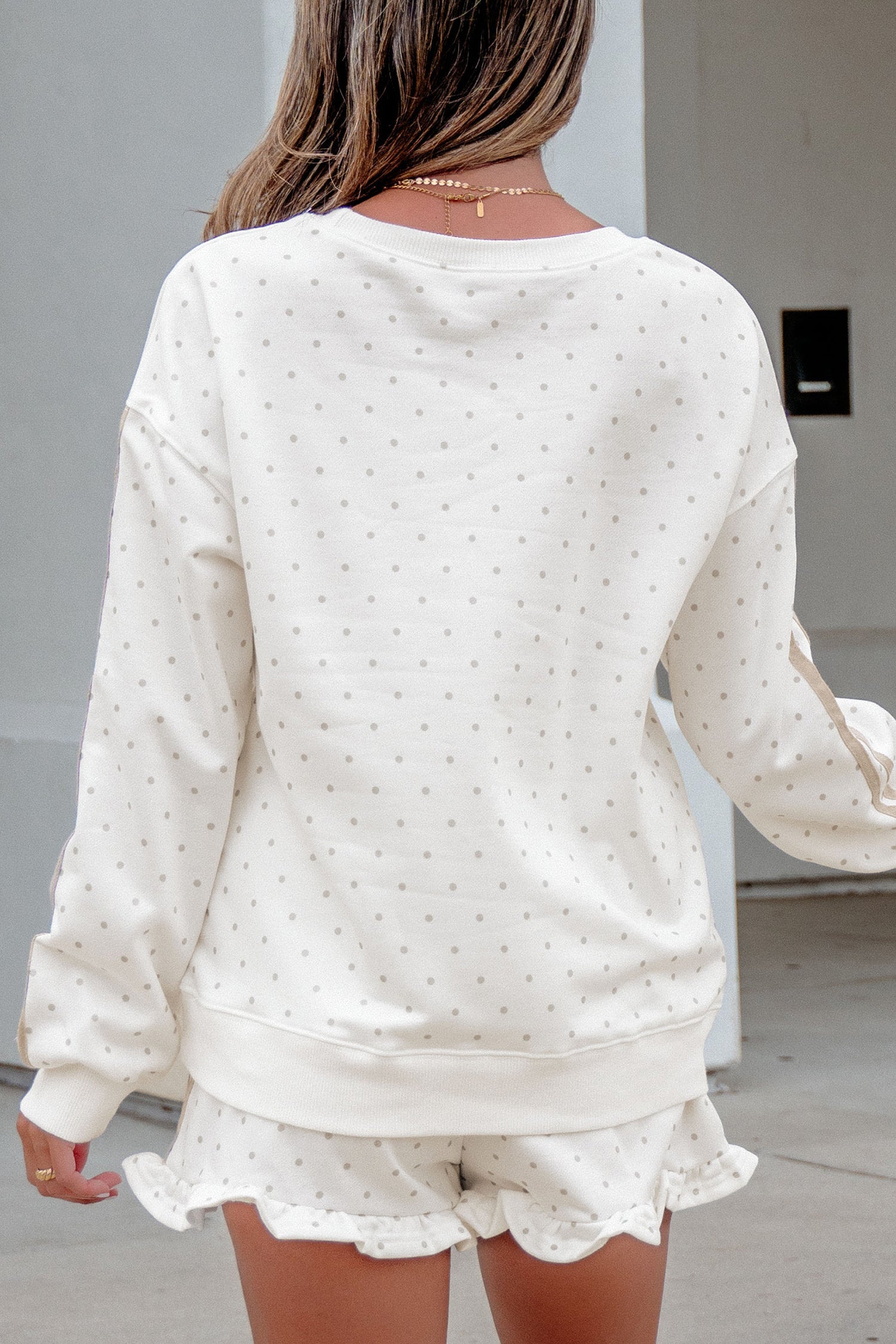 White Polka Dot Print Side Stripe Detail Casual Sweatshirt 2pcs Short Set-Two Piece Sets/Short Sets-[Adult]-[Female]-2022 Online Blue Zone Planet