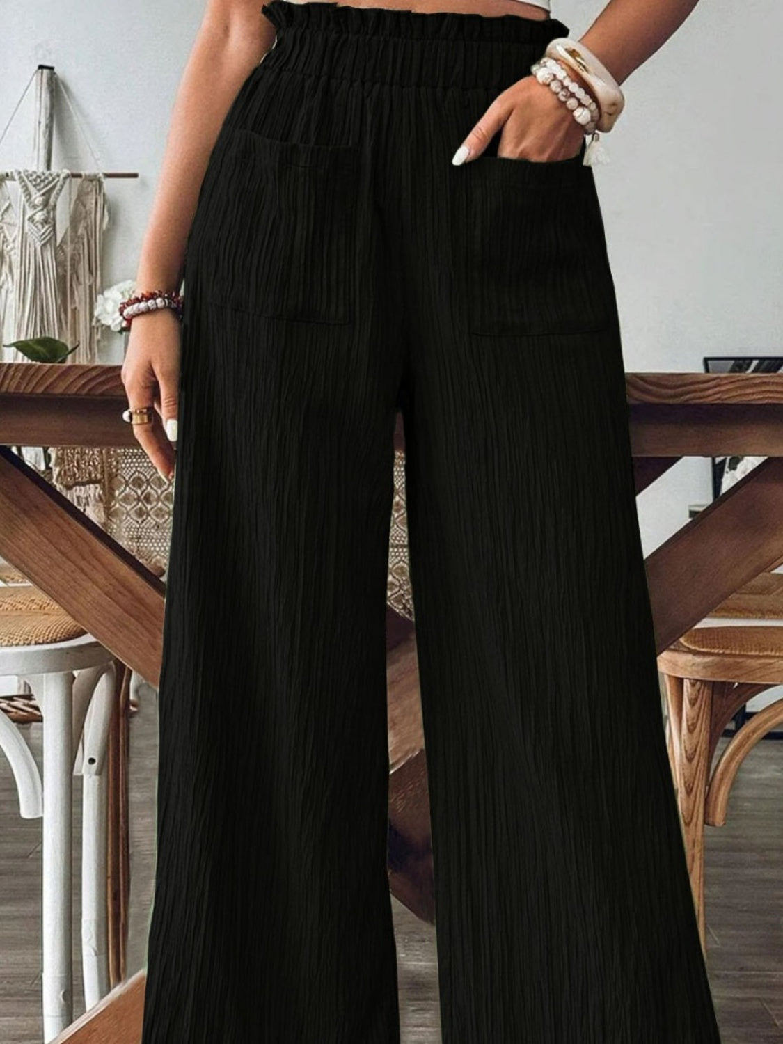 Frill Wide Leg Pants-BOTTOMS SIZES SMALL MEDIUM LARGE-[Adult]-[Female]-2022 Online Blue Zone Planet