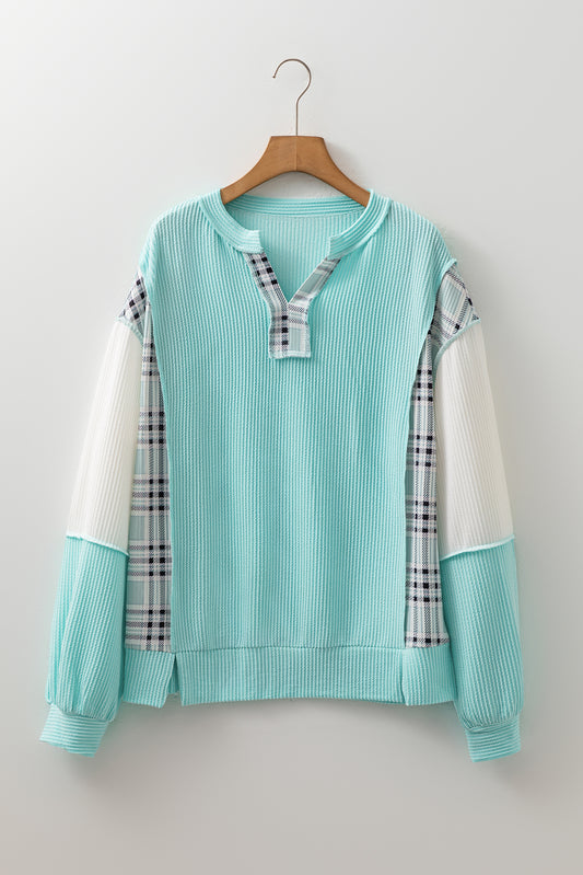 Aruba Blue Corded Texture Plaid Colorblock Patchwork Split Neck Long Sleeve Top-Tops/Long Sleeve Tops-[Adult]-[Female]-2022 Online Blue Zone Planet