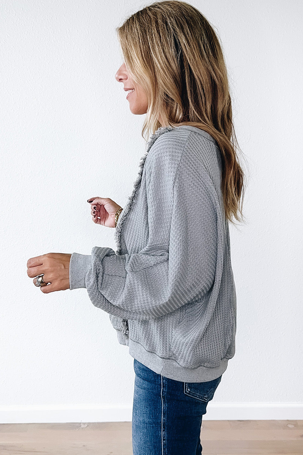 Light Grey Waffle Patchwork Long Sleeve Raw Hem Pullover Top-Tops/Long Sleeve Tops-[Adult]-[Female]-2022 Online Blue Zone Planet