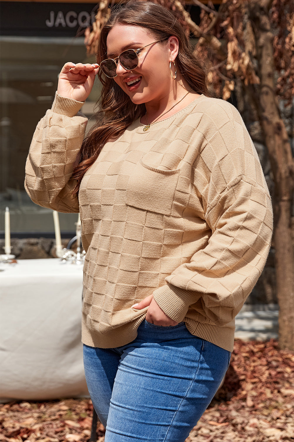 Light French Beige Solid Checkered Textured Knit Plus Size Sweater-Plus Size/Plus Size Sweaters & Cardigans-[Adult]-[Female]-2022 Online Blue Zone Planet