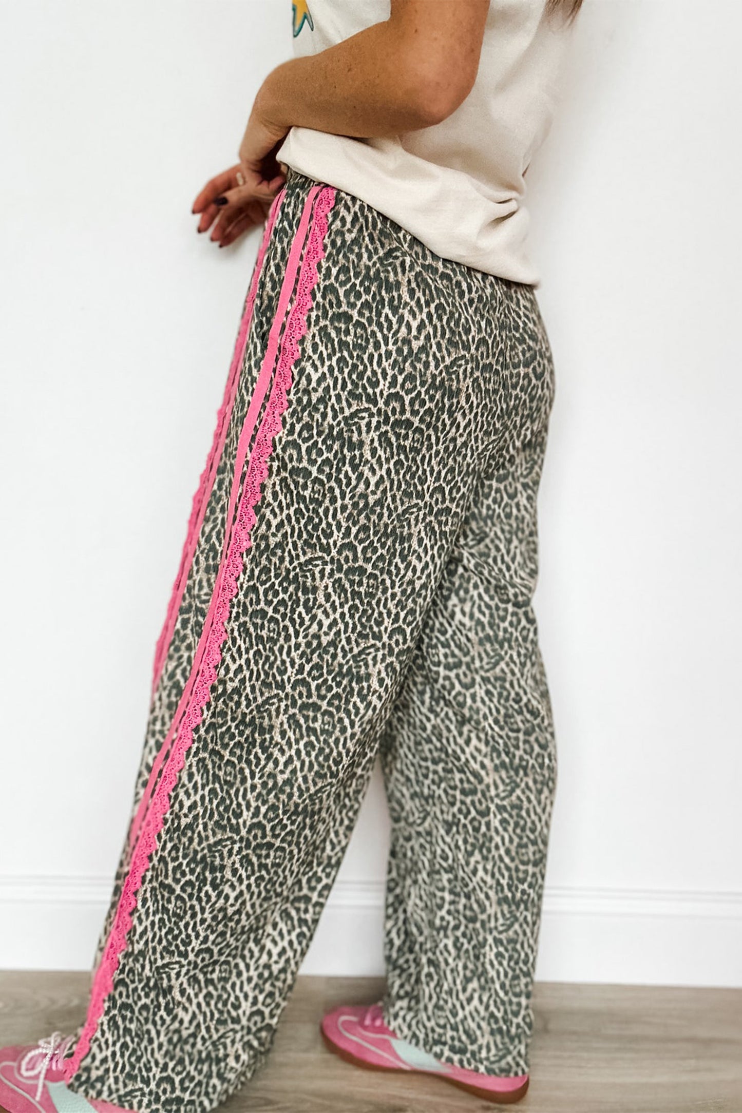 Brown Wild Leopard Print Contrast Lace Striped Detail Drawstring Pants-Bottoms/Pants & Culotte-[Adult]-[Female]-2022 Online Blue Zone Planet
