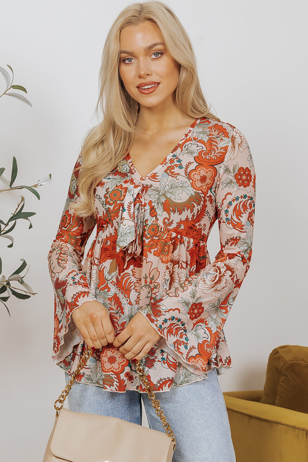 Blue Zone Planet | Orange Floral Print Deep V Neck Knot Bell Sleeve Blouse-Tops/Blouses & Shirts-[Adult]-[Female]-2022 Online Blue Zone Planet