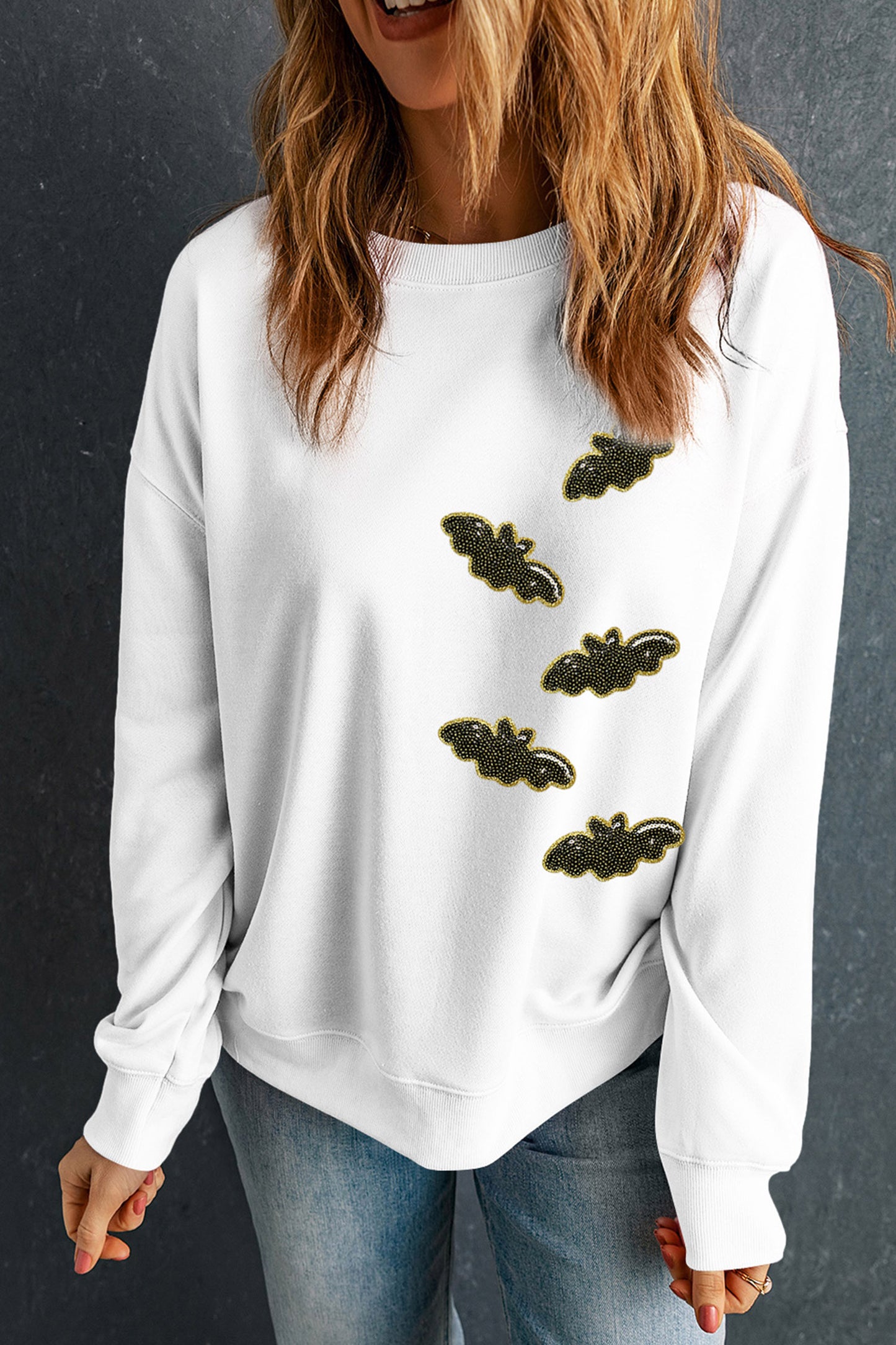 White Sequin Bat Pullover Drop Shoulder Halloween Sweatshirt-Graphic/Graphic Sweatshirts-[Adult]-[Female]-2022 Online Blue Zone Planet