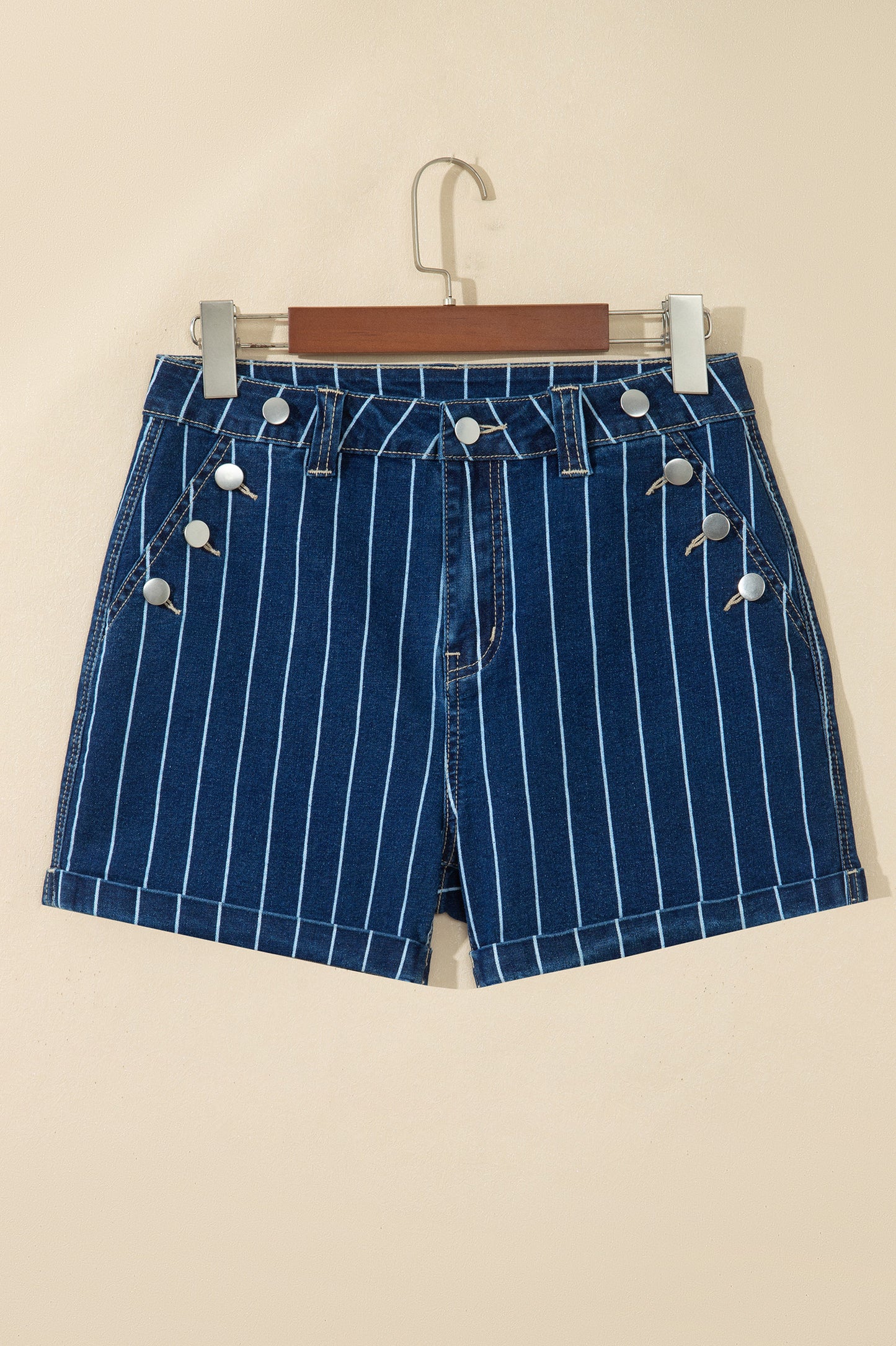 Blue Stripe Metal Button Detail Womens Denim Shorts-Bottoms/Denim Shorts-[Adult]-[Female]-2022 Online Blue Zone Planet