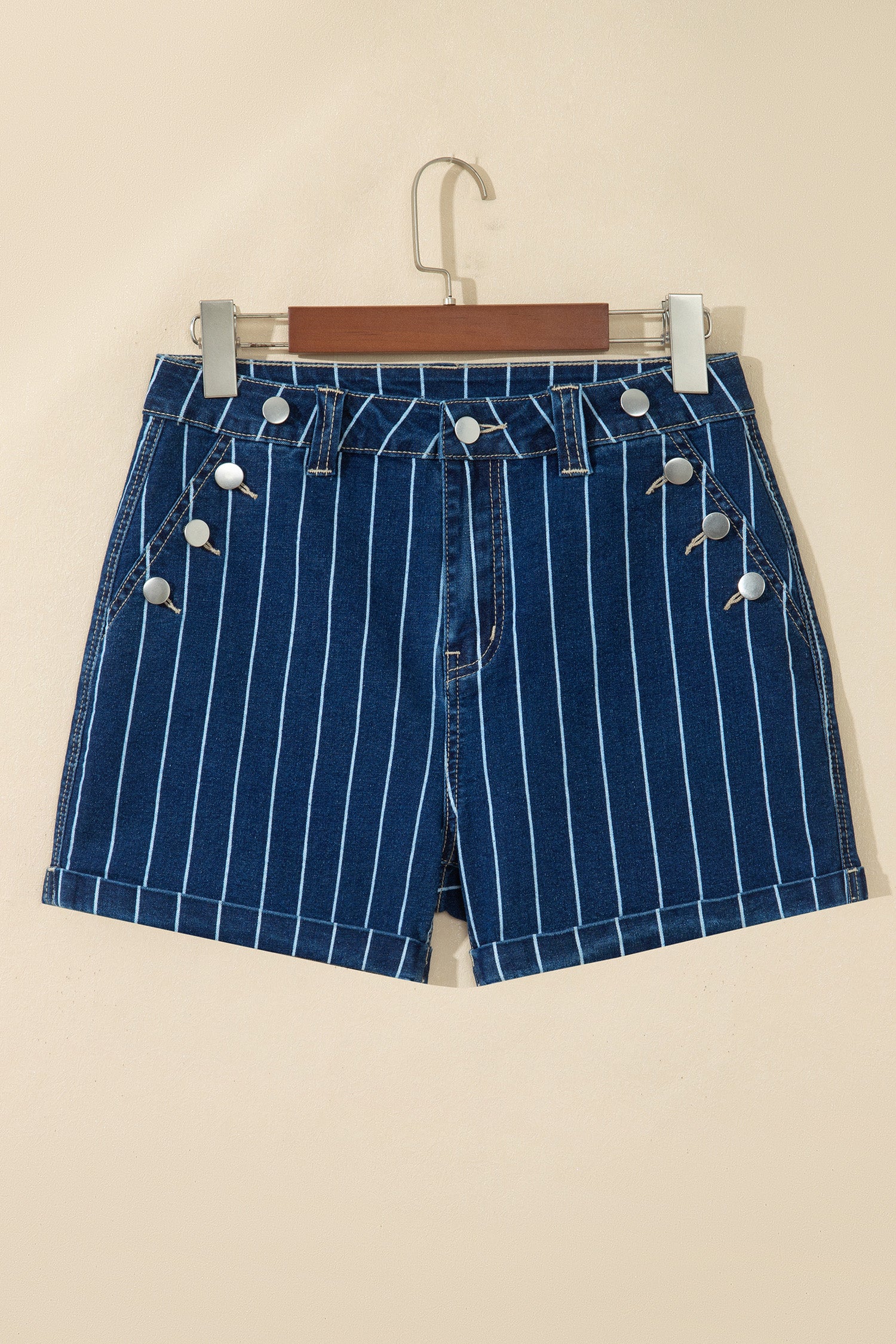 Blue Stripe Metal Button Detail Womens Denim Shorts-Bottoms/Denim Shorts-[Adult]-[Female]-2022 Online Blue Zone Planet