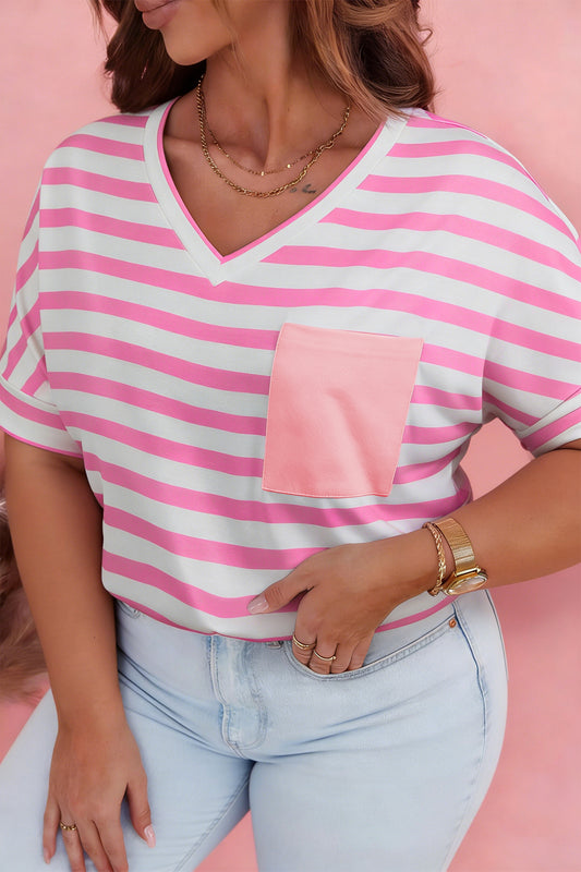 Pink Stripe Colorblock Patched Pocket V Neck Plus Size Tee-Plus Size/Plus Size Tops/Plus Size Tops & Tees-[Adult]-[Female]-Pink Stripe-1X-2022 Online Blue Zone Planet
