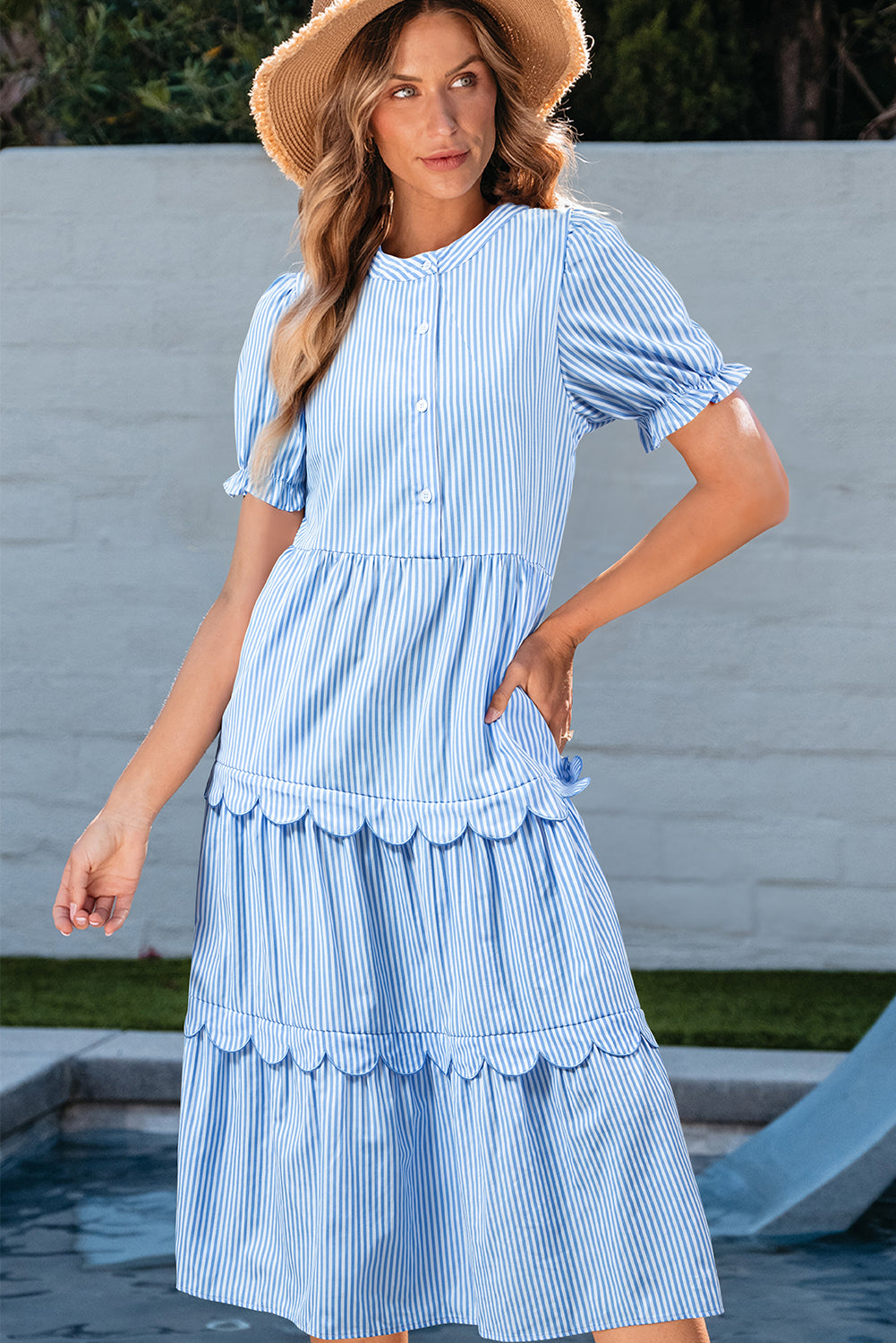 Sky Blue Stripe Bubble Short Sleeve Tiered Scallop Long Dress-Dresses/Maxi Dresses-[Adult]-[Female]-Sky Blue Stripe-S-2022 Online Blue Zone Planet