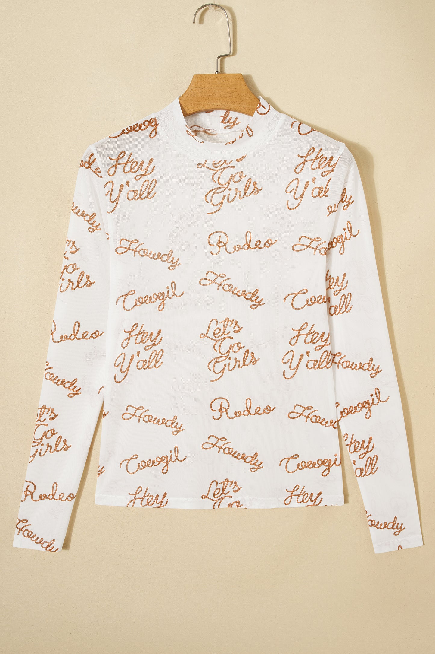 White Howdy Hey Yall Mesh High Neck Long Sleeve Top-Tops/Long Sleeve Tops-[Adult]-[Female]-2022 Online Blue Zone Planet