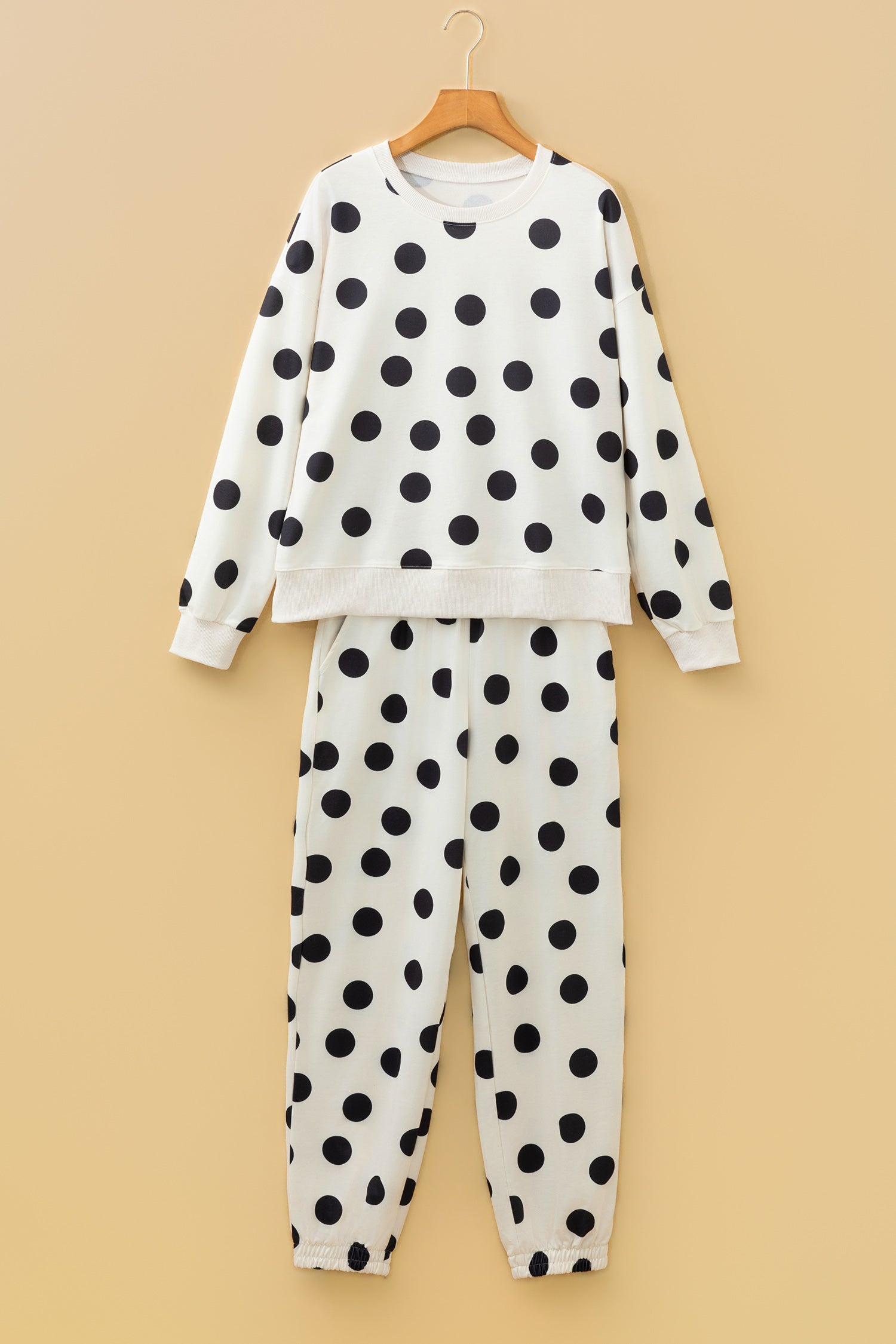 Beige Polka Dot Print Drop Shoulder Pullover Drawstring Jogger Pant Set-Two Piece Sets/Pant Sets-[Adult]-[Female]-2022 Online Blue Zone Planet