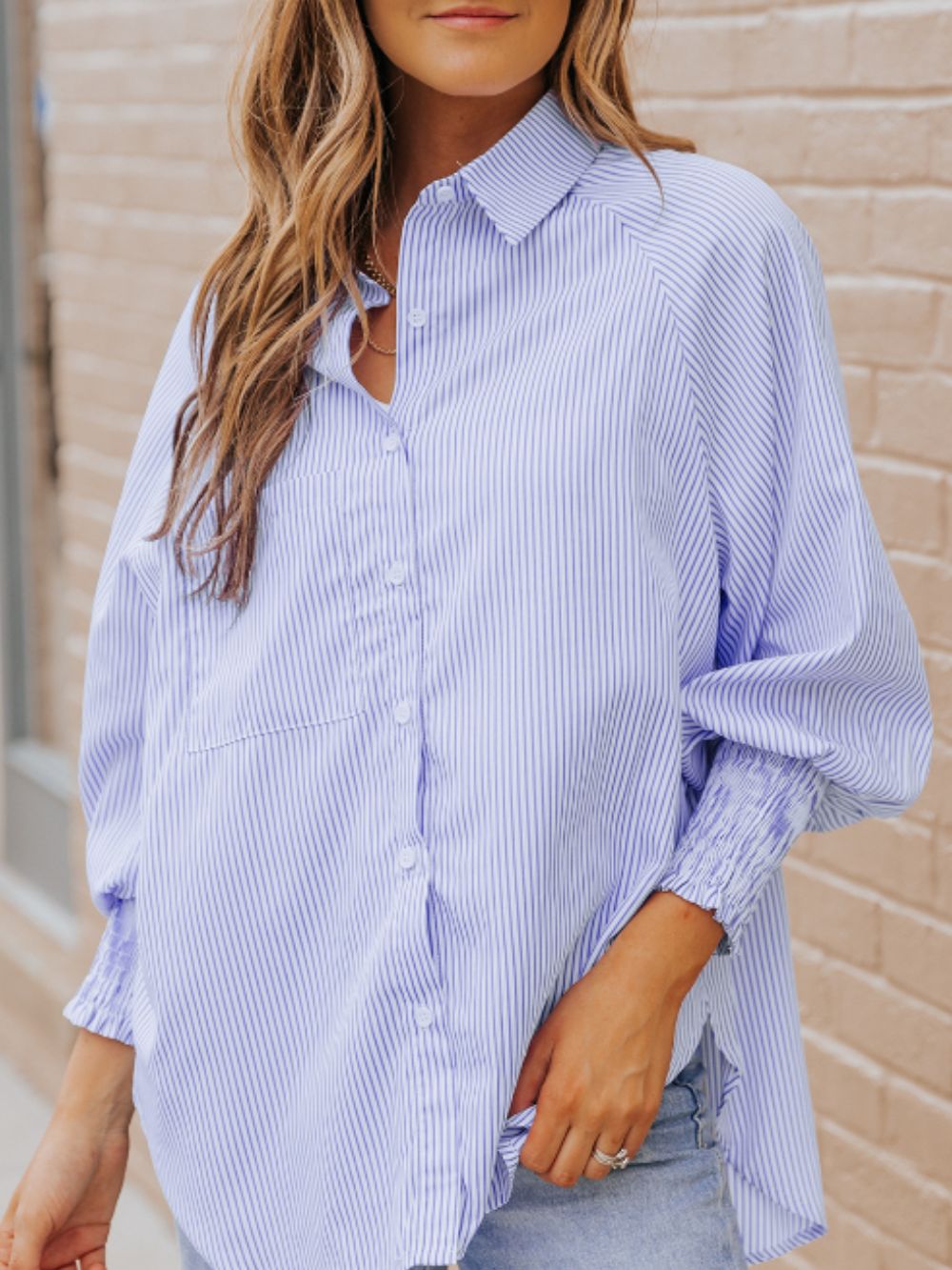 Striped Collared Neck Lantern Sleeve Shirt-TOPS / DRESSES-[Adult]-[Female]-2022 Online Blue Zone Planet