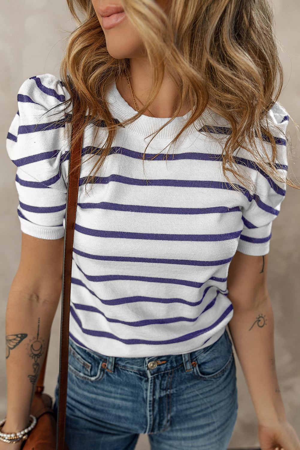 Black Stripe Ribbed Trim Round Neck Bubble Sleeve Knitted Top-Sweaters & Cardigans/Short Sleeve Sweaters-[Adult]-[Female]-Blue Stripe-S-2022 Online Blue Zone Planet