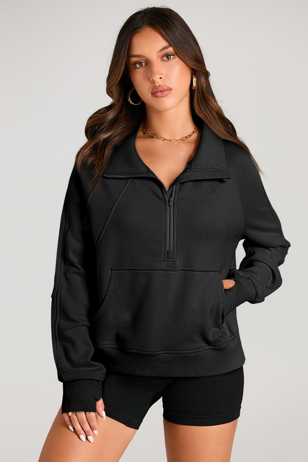 Brown Quarter Zip Stand Neck Kangaroo Pocket Sweatshirt-Tops/Sweatshirts & Hoodies-[Adult]-[Female]-2022 Online Blue Zone Planet