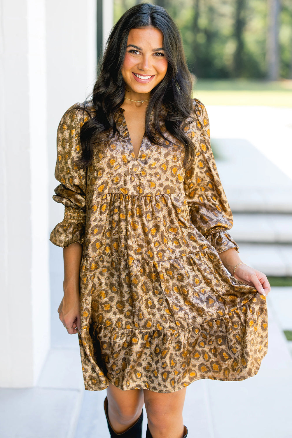 Khaki Leopard Print V Neck Ruffled Sleeve Tiered Loose Mini Dress-TOPS / DRESSES-[Adult]-[Female]-2022 Online Blue Zone Planet