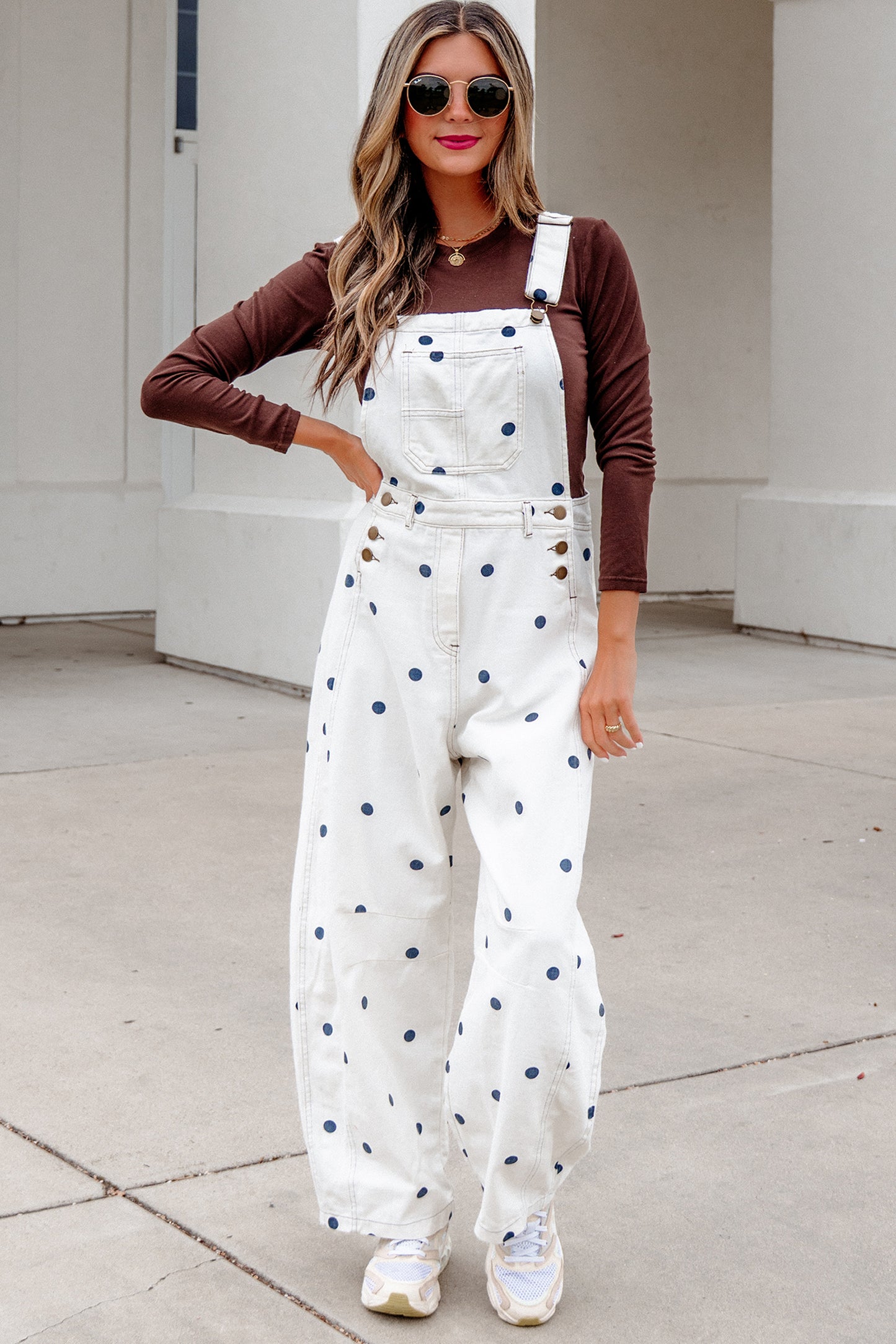 Jet Stream Polka Dot Print Bib Pocket Denim Barrel Overalls Jumpsuit-Bottoms/Jumpsuits & Rompers-[Adult]-[Female]-2022 Online Blue Zone Planet