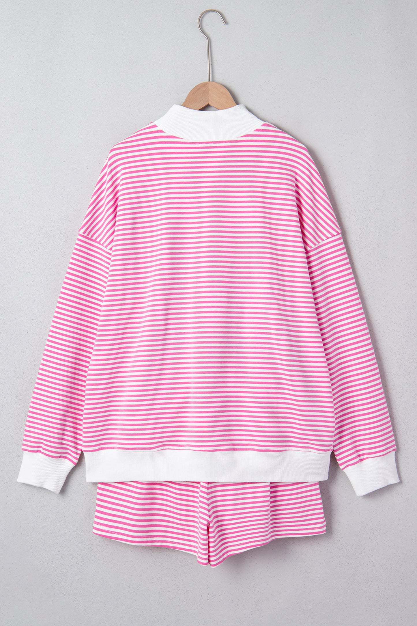 Pink Stripe Oversize Mock Neck Sweatshirt and Shorts Set-Two Piece Sets/Short Sets-[Adult]-[Female]-2022 Online Blue Zone Planet