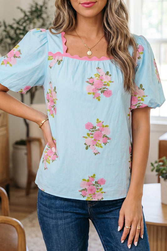 Sky Blue Floral Printed Contrast Ricrac Detail Bubble Sleeve Blouse-Tops/Blouses & Shirts-[Adult]-[Female]-2022 Online Blue Zone Planet