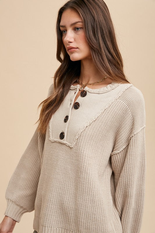 Annie Wear Half Button Ribbed Hem Sweater-TOPS / DRESSES-[Adult]-[Female]-2022 Online Blue Zone Planet