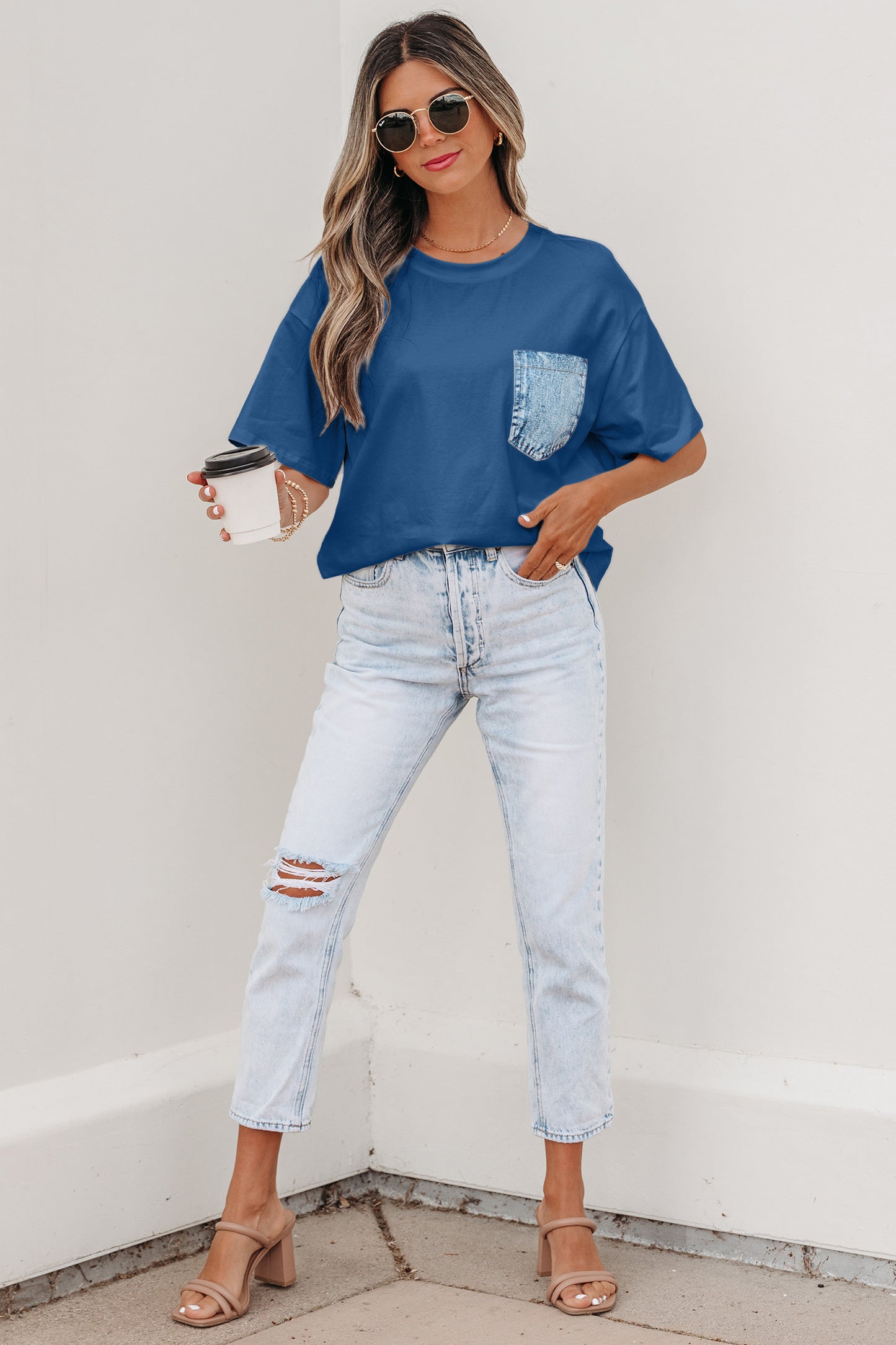 Sail Blue Color Block Chest Pocket Patched Casual Short Sleeve Top-Tops/Tops & Tees-[Adult]-[Female]-2022 Online Blue Zone Planet