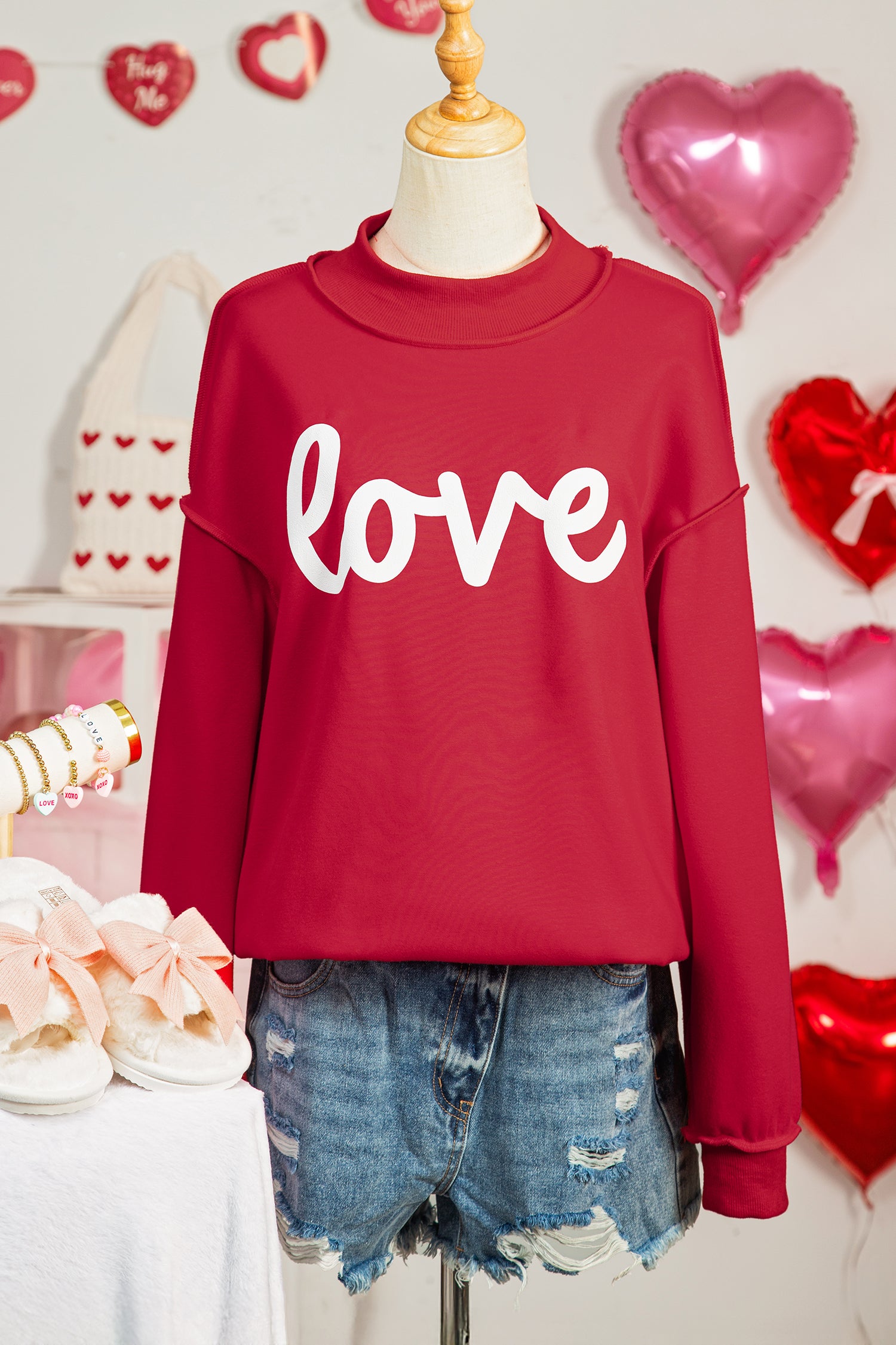 Racing Red Valentines Day Heart Love Script Reversible Printed Double Wear Mock Neck Sweatshirt-Graphic/Graphic Sweatshirts-[Adult]-[Female]-2022 Online Blue Zone Planet
