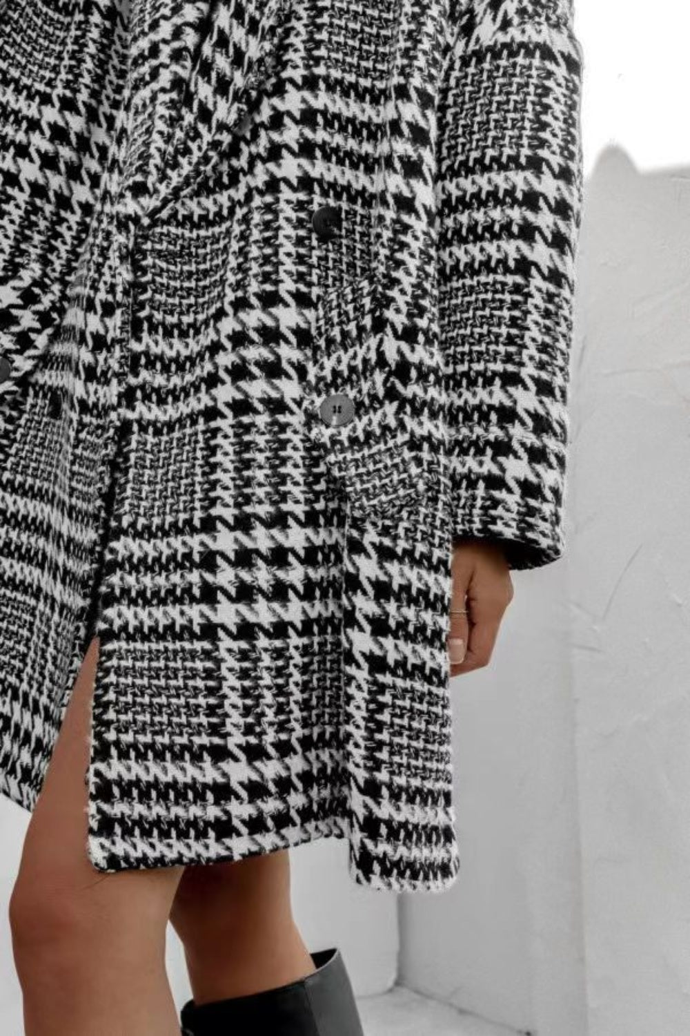 Blue Zone Planet | Houndstooth Collared Neck Long Sleeve Coat-TOPS / DRESSES-[Adult]-[Female]-2022 Online Blue Zone Planet