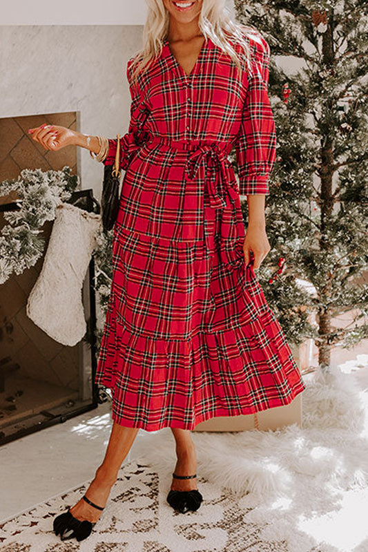 Red Christmas Plaid V Neck 3/4 Sleeve Tie Waist Ruffle Hem Long Dress-TOPS / DRESSES-[Adult]-[Female]-2022 Online Blue Zone Planet